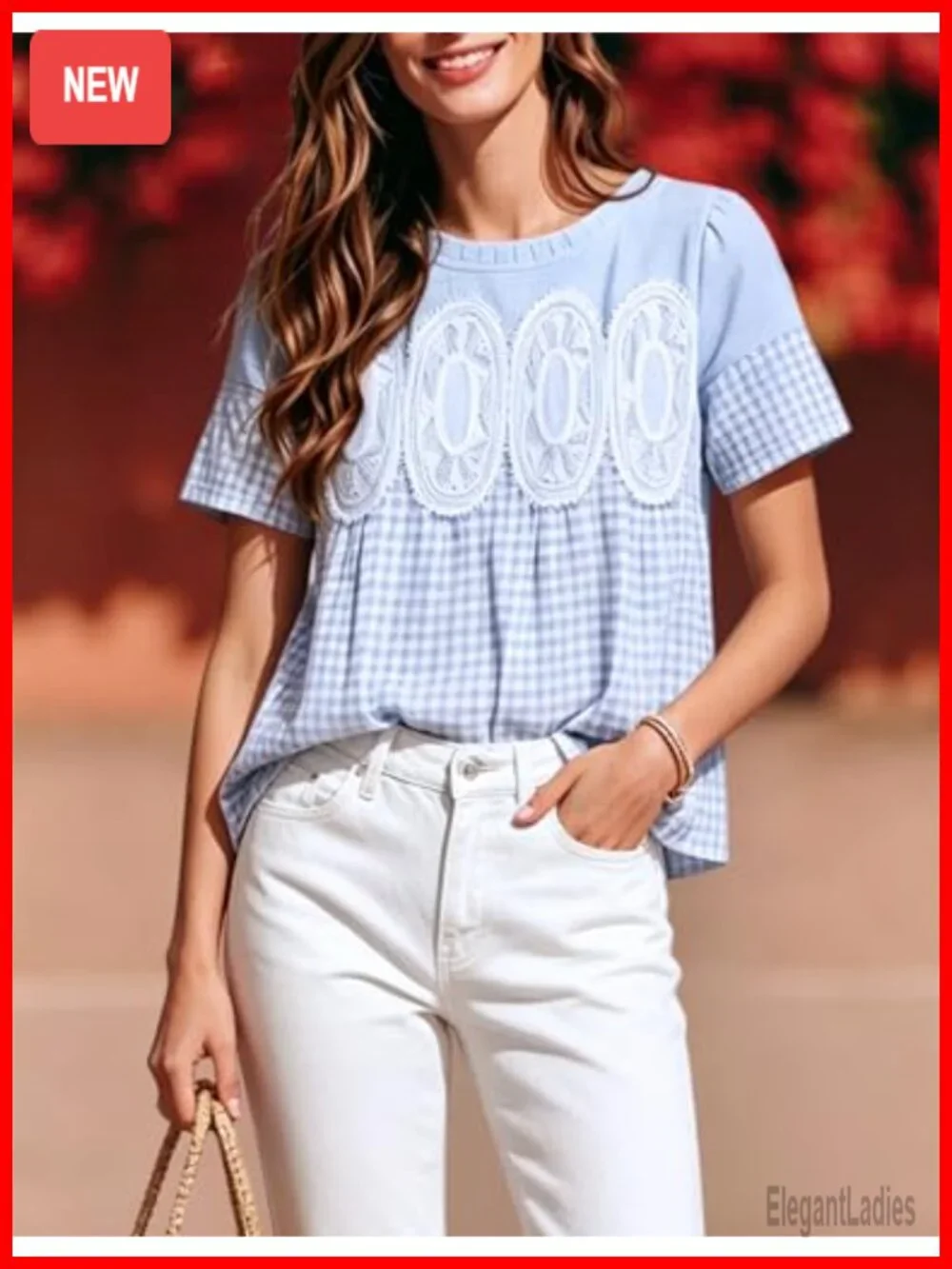 Plaid Lace Short Sleeve Blouse Poplin Mesh Crew Neck Swing Babydoll Top